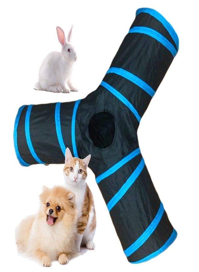 Western Era Cat Tunnel Toy 3 Way Collapsible for Indoor & Outdoor Play with Hanging Toy Ball for Cat, Rabbit, Guinea Pig (Blue) - Image 1